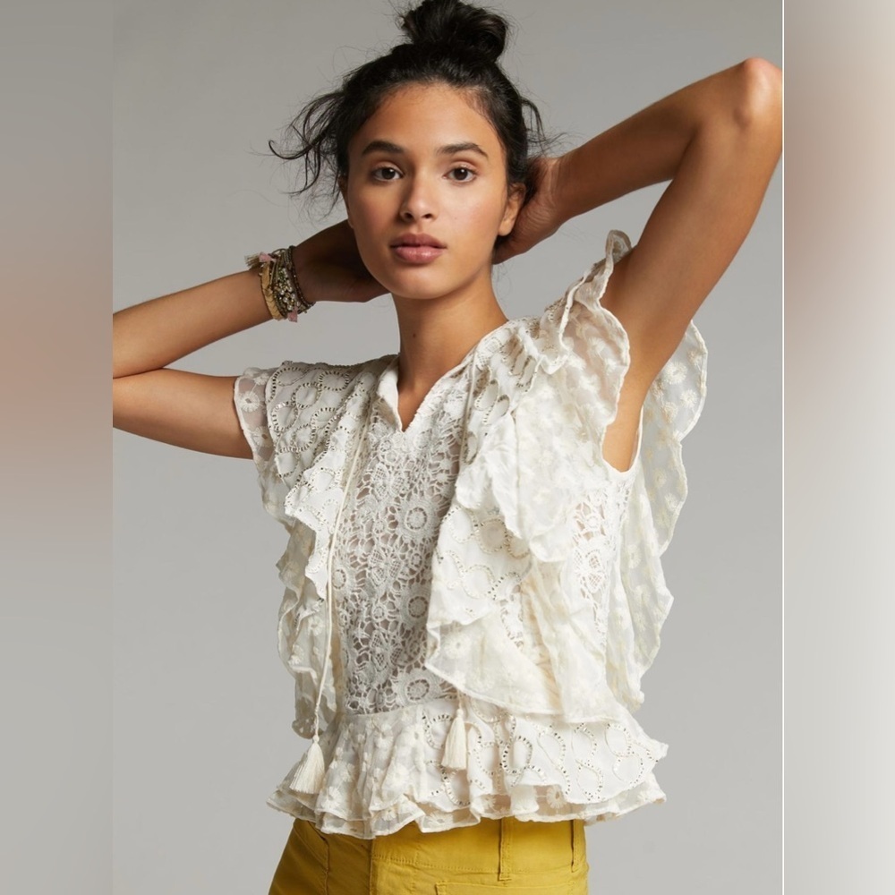 Anthropologie Verb Pallavi Singhee Ruffled Lace Embroidered Ivory Blouse NWT M